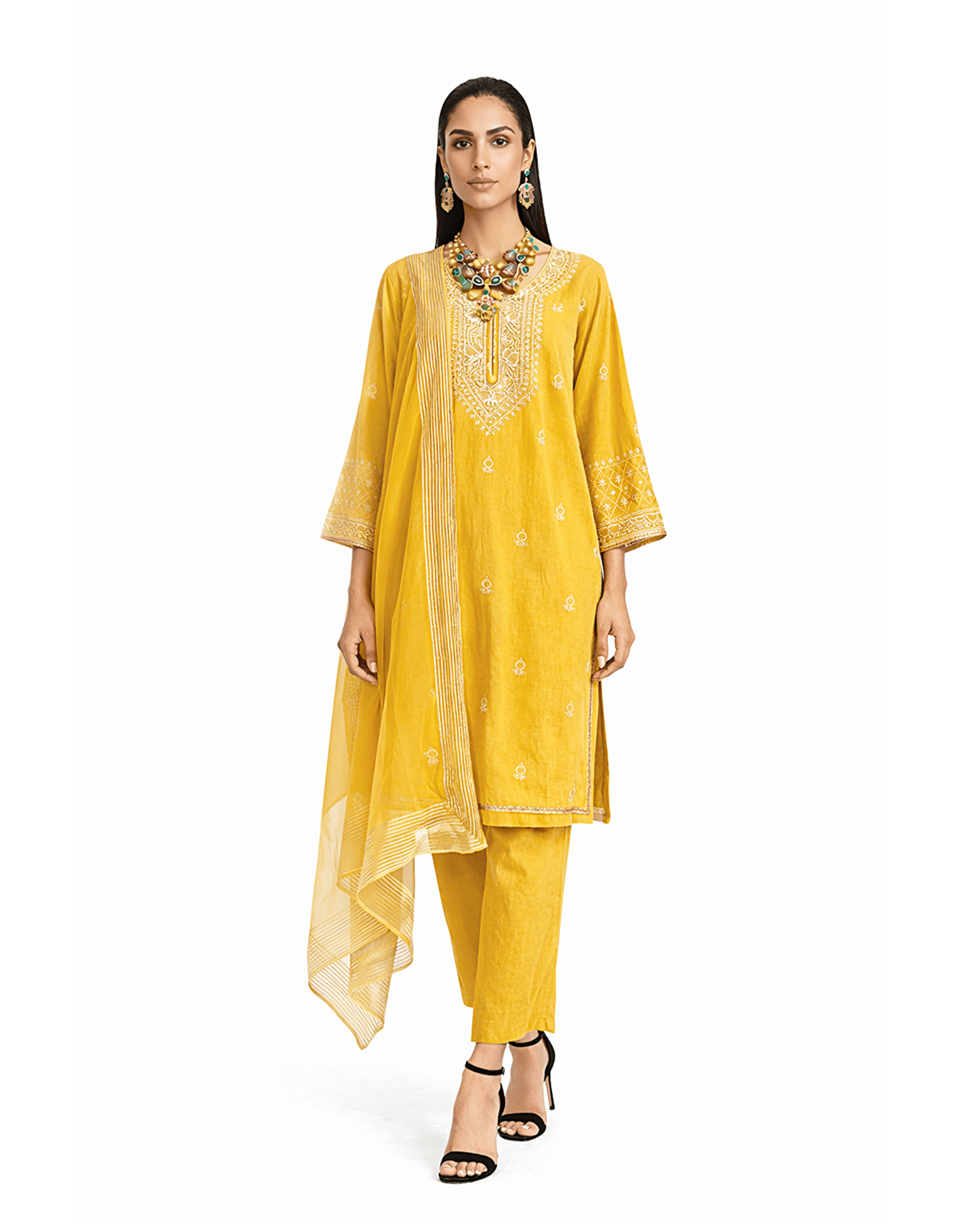 Kurta Set Chikankari - Yellow / Gold / Silver - Mayura Kumar
