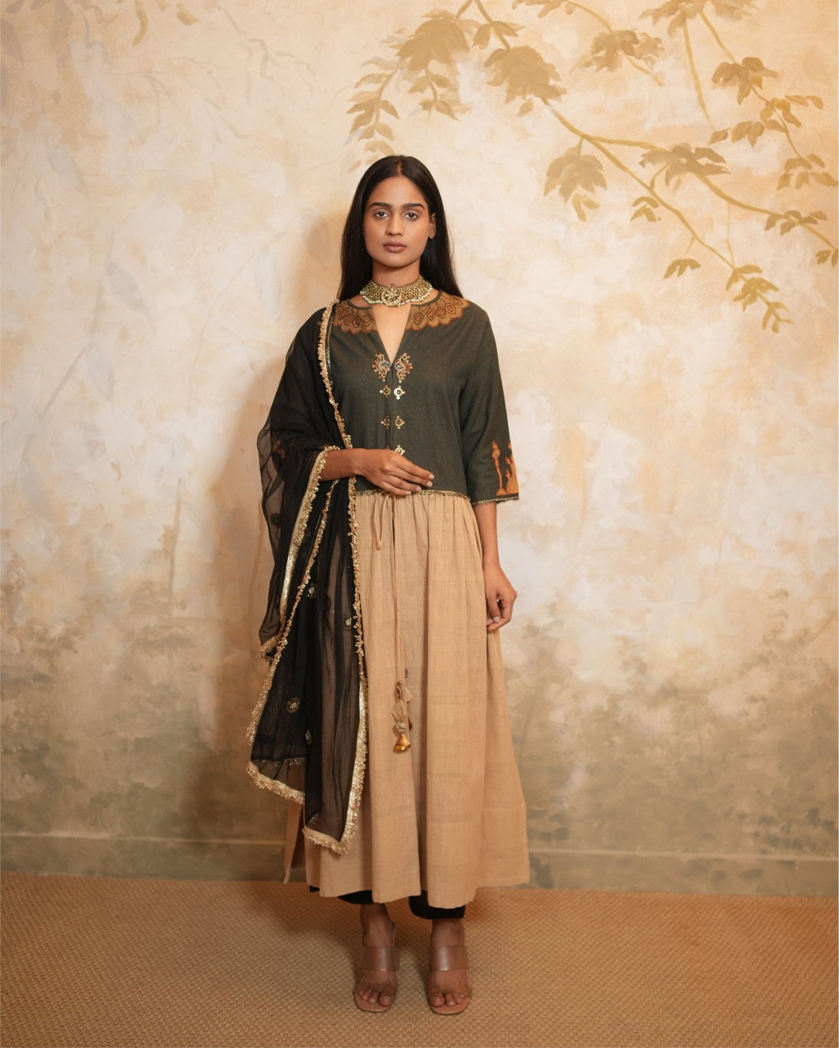 Kurta Set Kalamkari - Beige / Black /Gold - Mayura Kumar