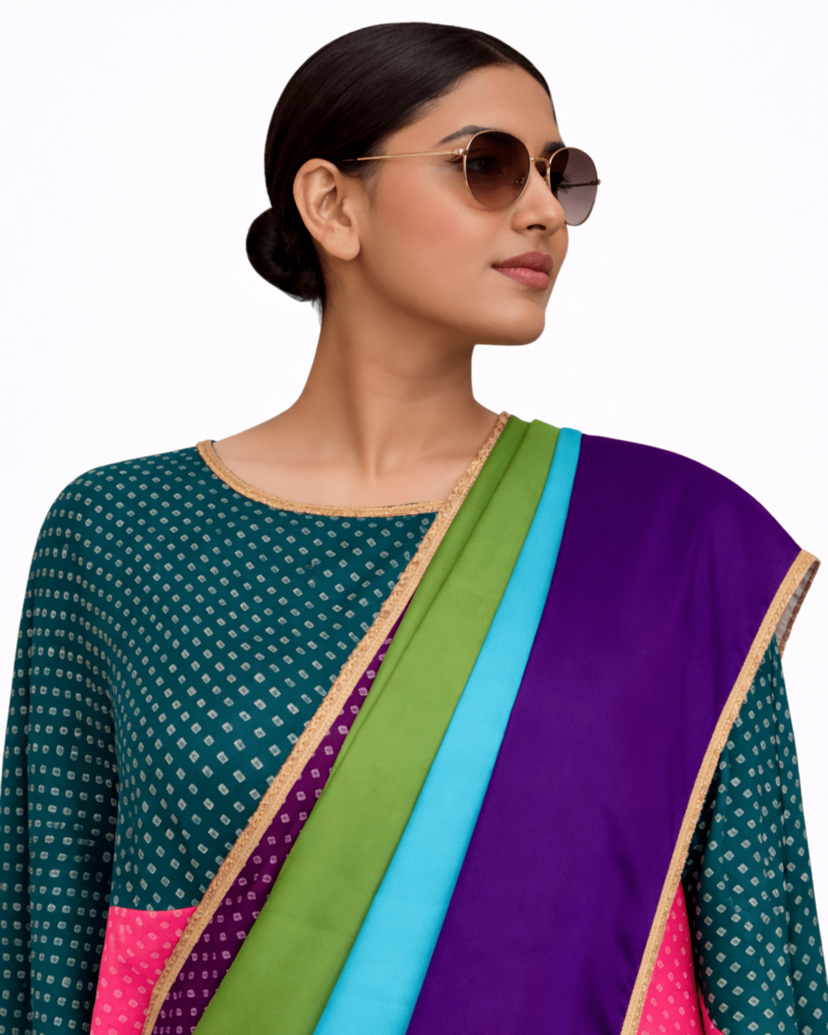 Saree Bandhej Mixology - Green / Pink / Purple - Mayura Kumar