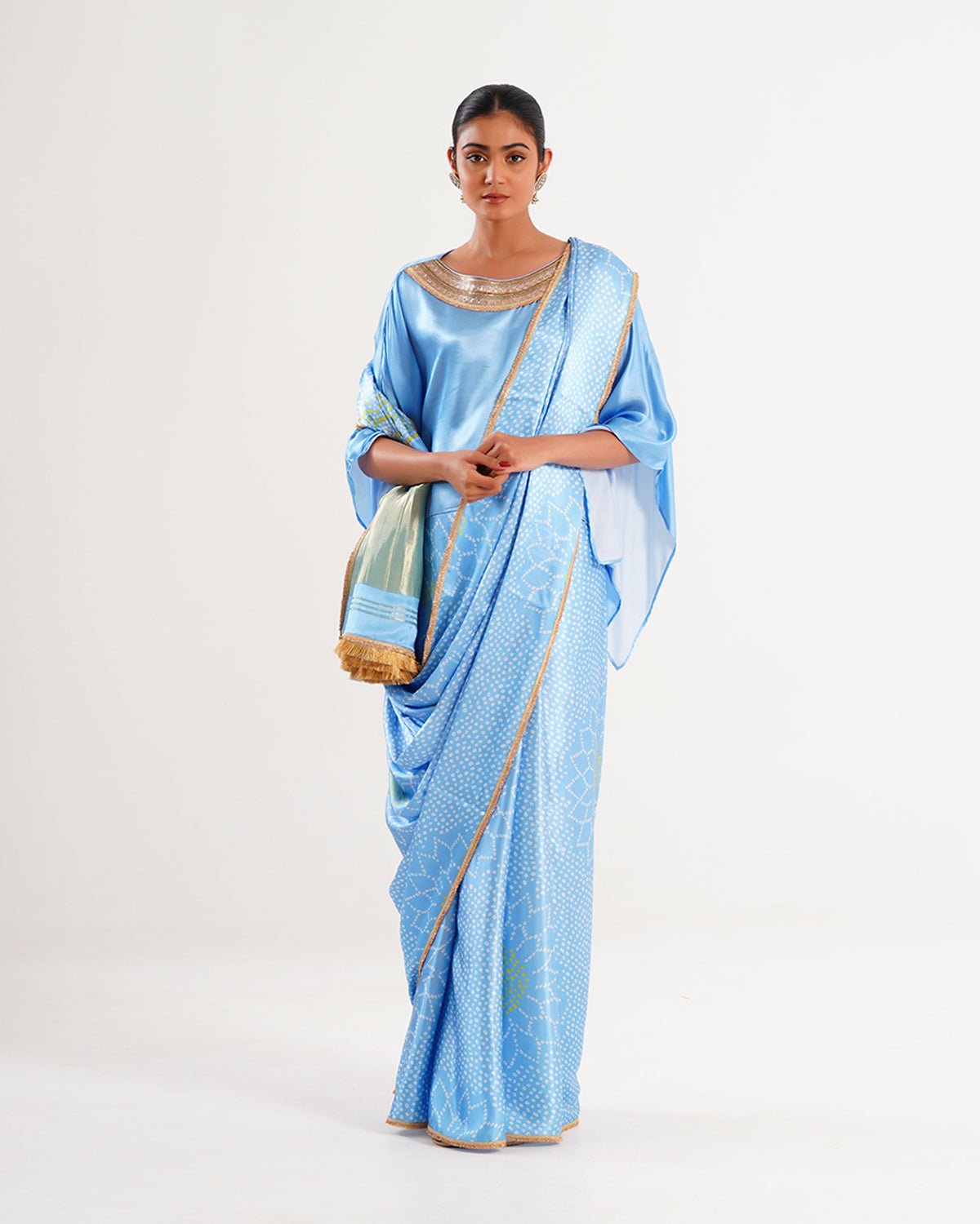 Saree Bandhej Mixology - Sky Blue / Gold - Mayura Kumar