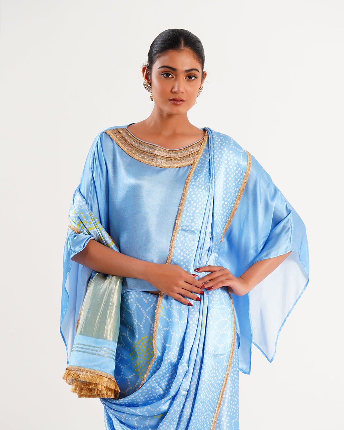 Saree Bandhej Mixology - Sky Blue / Gold - Mayura Kumar