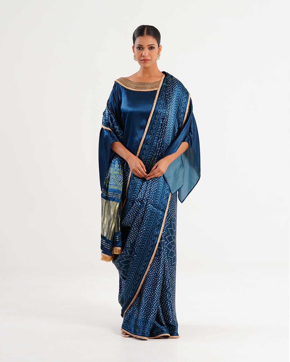 Saree Bandhej Mixology - Teal Blue / Gold - Mayura Kumar