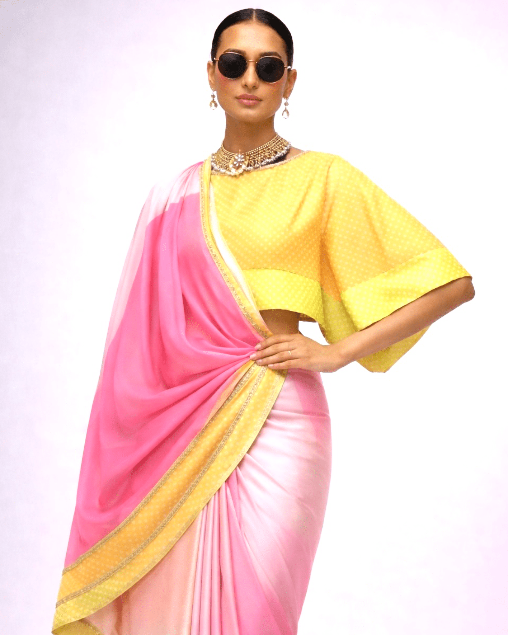 Saree Bandhej Mixology - Yellow / Lime / Pink - Mayura Kumar