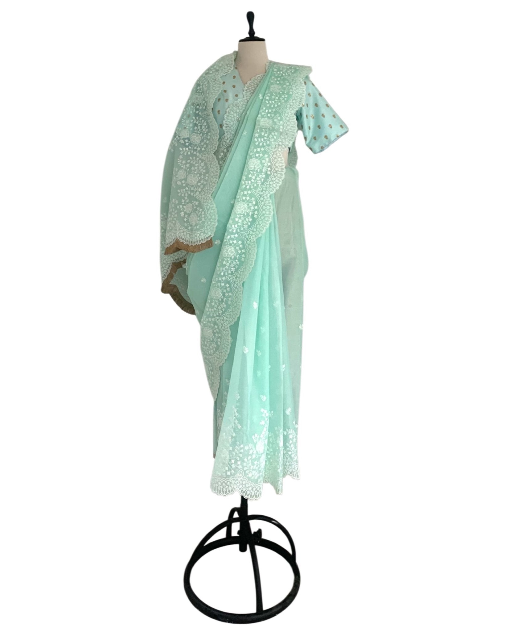 Saree Chikankari - Aquamarine /Ivory /Gold - Mayura Kumar
