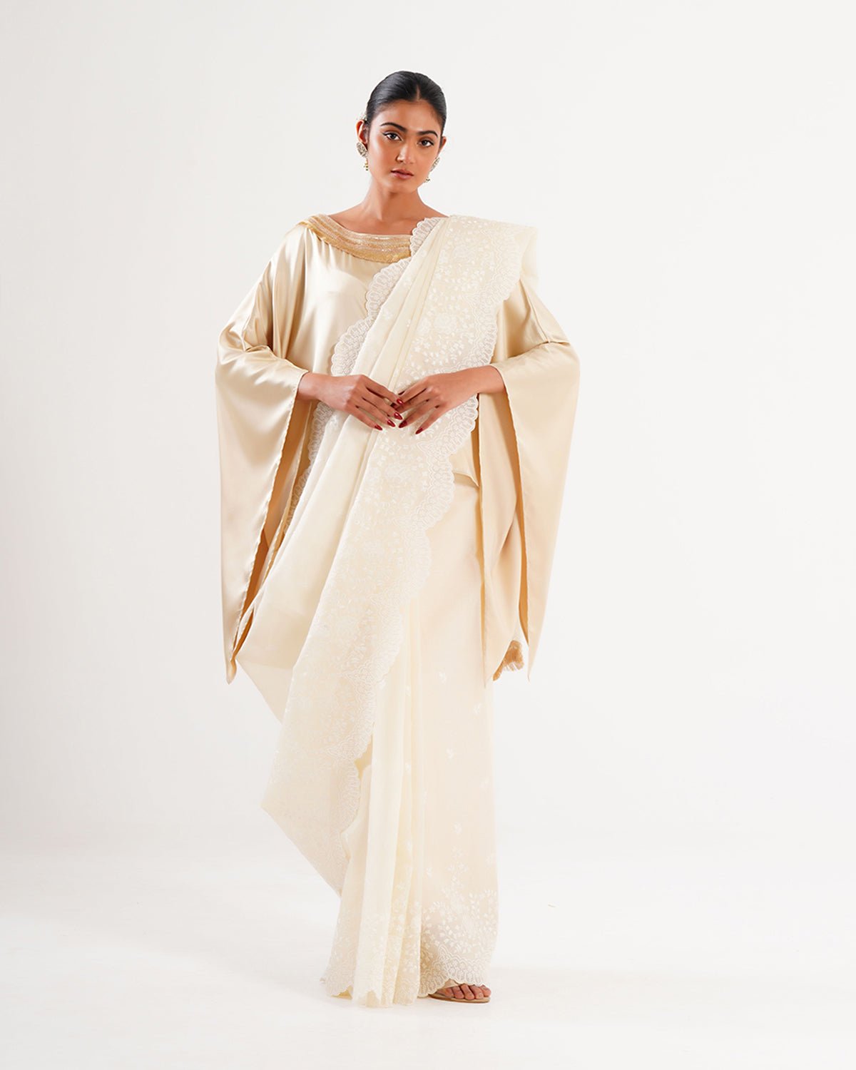 Saree Chikankari - Chikankari Milk /Ivory /Gold - Mayura Kumar