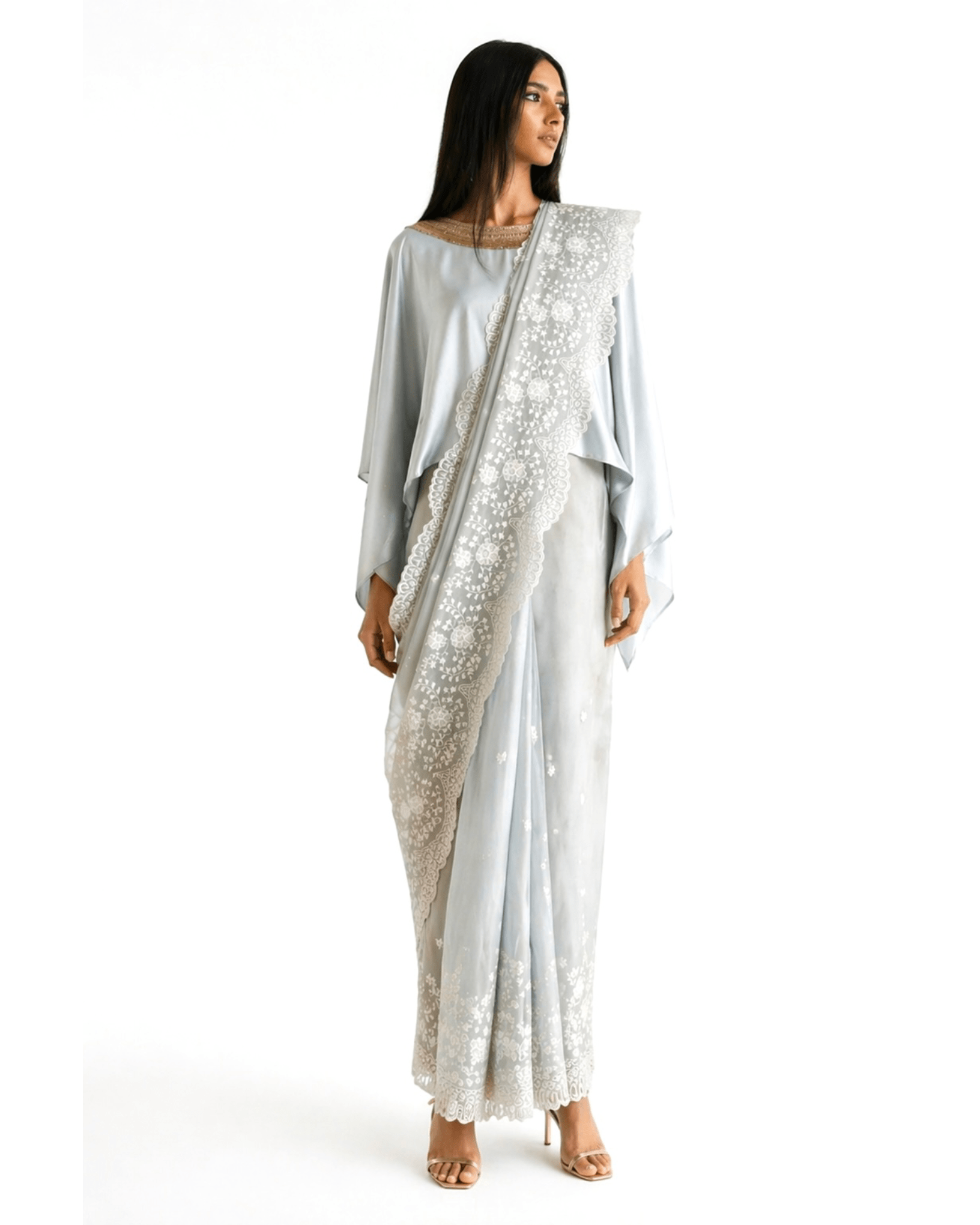 Saree Chikankari - Powder Blue Grey /Ivory /Gold - Mayura Kumar