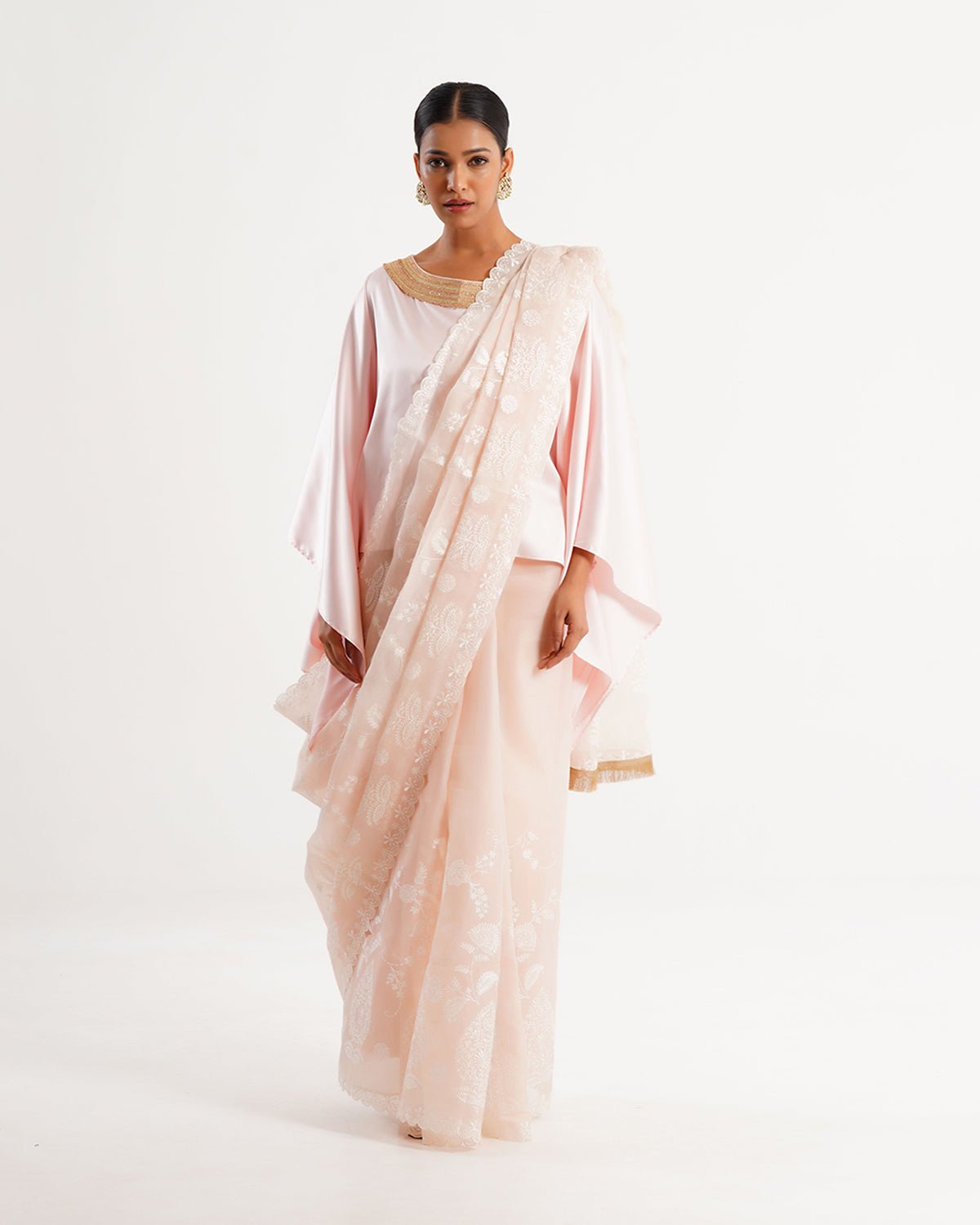 Saree Chikankari - Salmon Pink / Ivory / Gold - Mayura Kumar