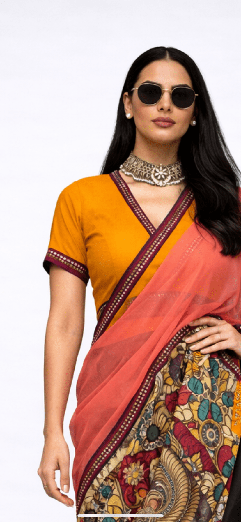 Saree Kalamkari - Peach / Purple / Mustard - Mayura Kumar