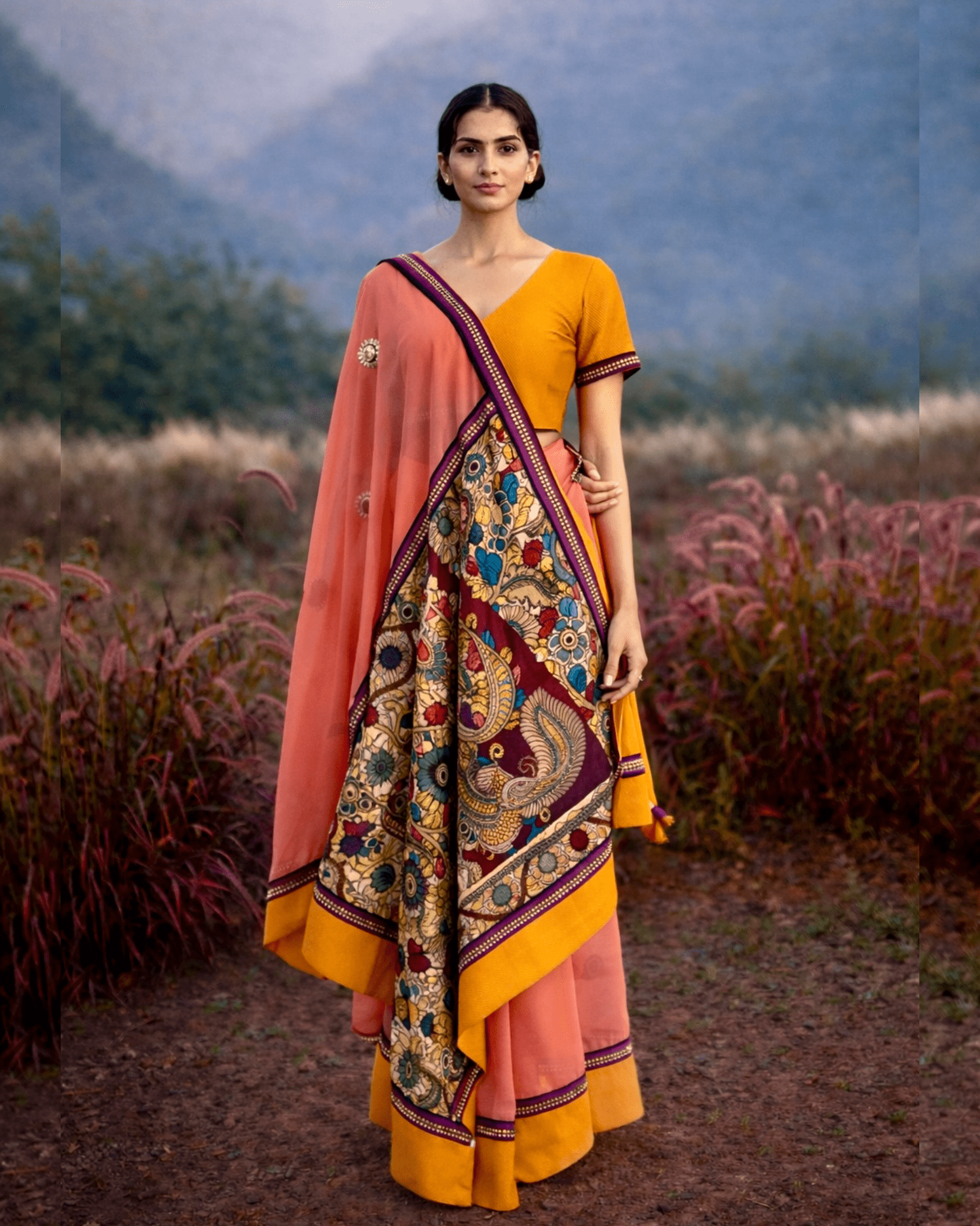 Saree Kalamkari - Peach / Purple / Mustard - Mayura Kumar