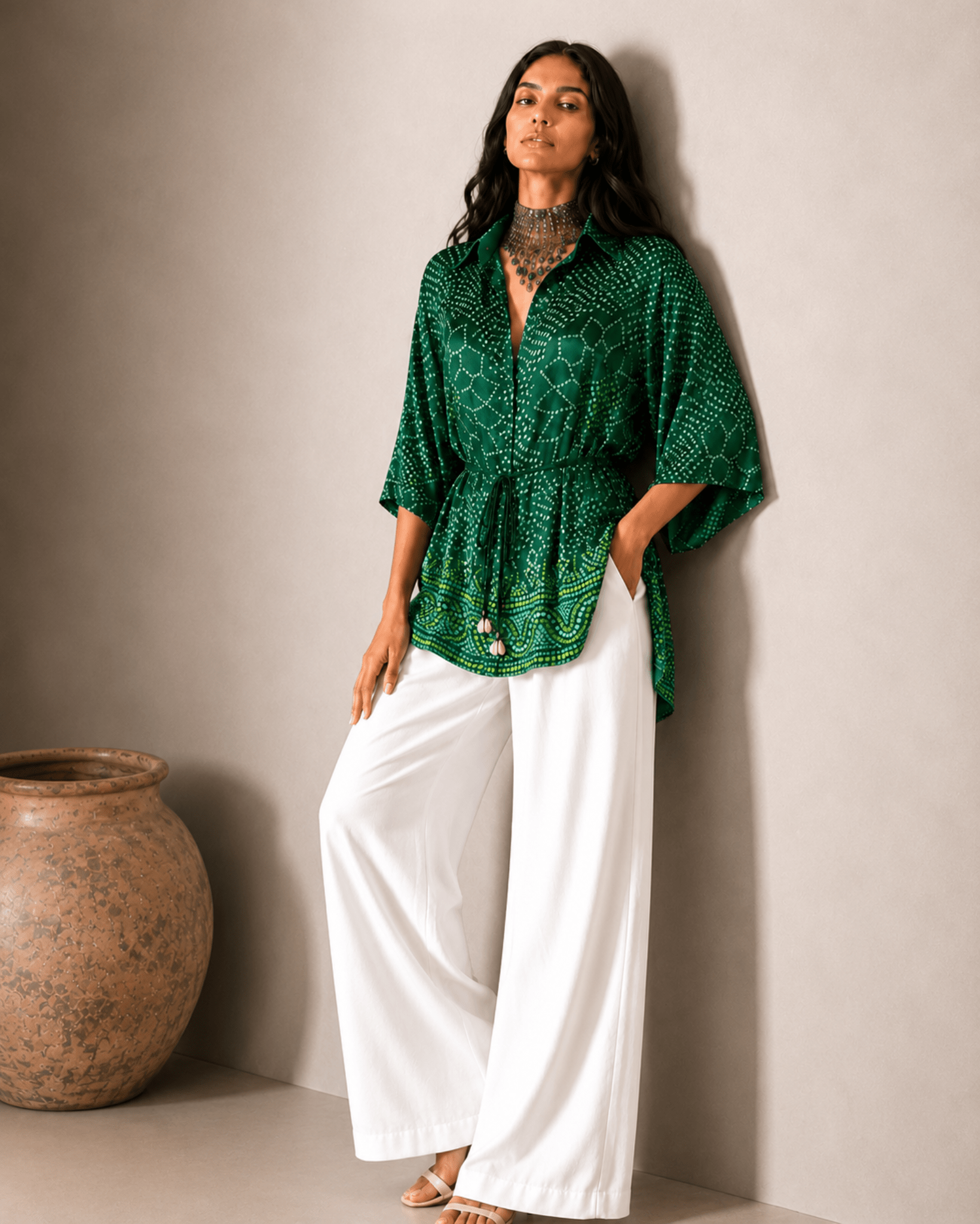 Shirt Kimono Bandhej - Dark Green - Mayura Kumar