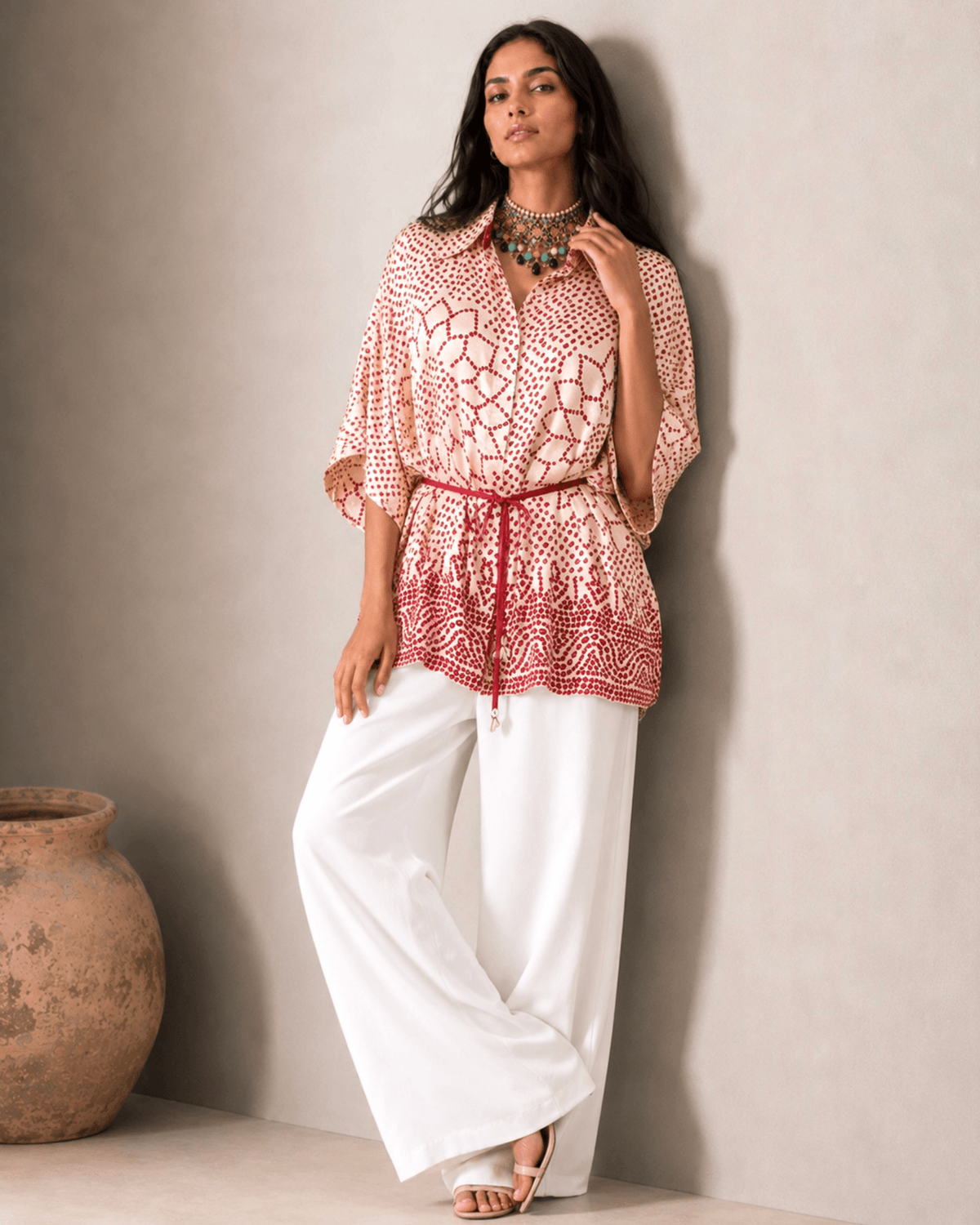 Shirt Kimono Bandhej - Ivory/Red - Mayura Kumar