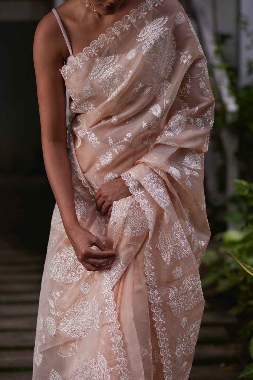 Saree Chikankari - Peach Pink/Ivory - Mayura Kumar