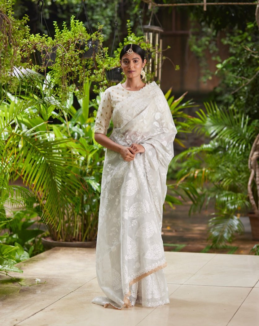 Saree Chikankari - Grey/Ivory - Mayura Kumar