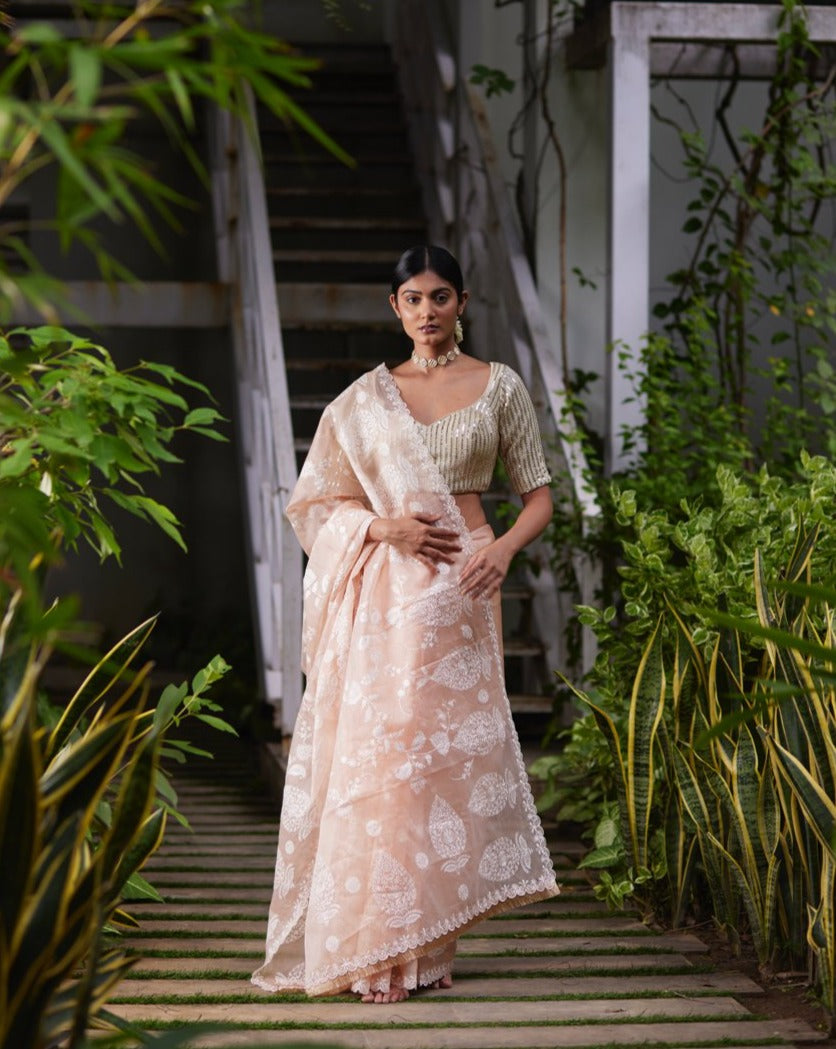 Saree Chikankari -Peach Pink/Silver - Mayura Kumar
