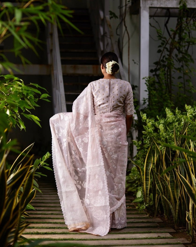 Saree Chikankari - Salmon Pink /Ivory - Mayura Kumar