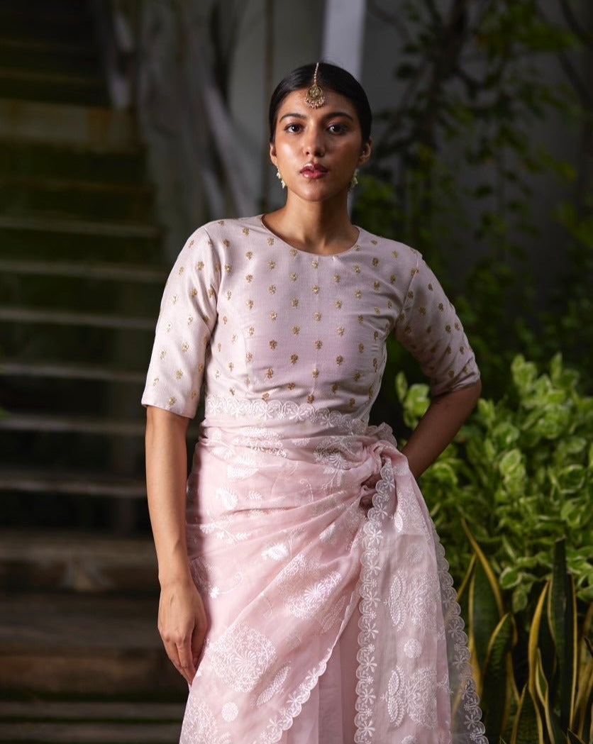 Saree Chikankari - Salmon Pink /Ivory - Mayura Kumar