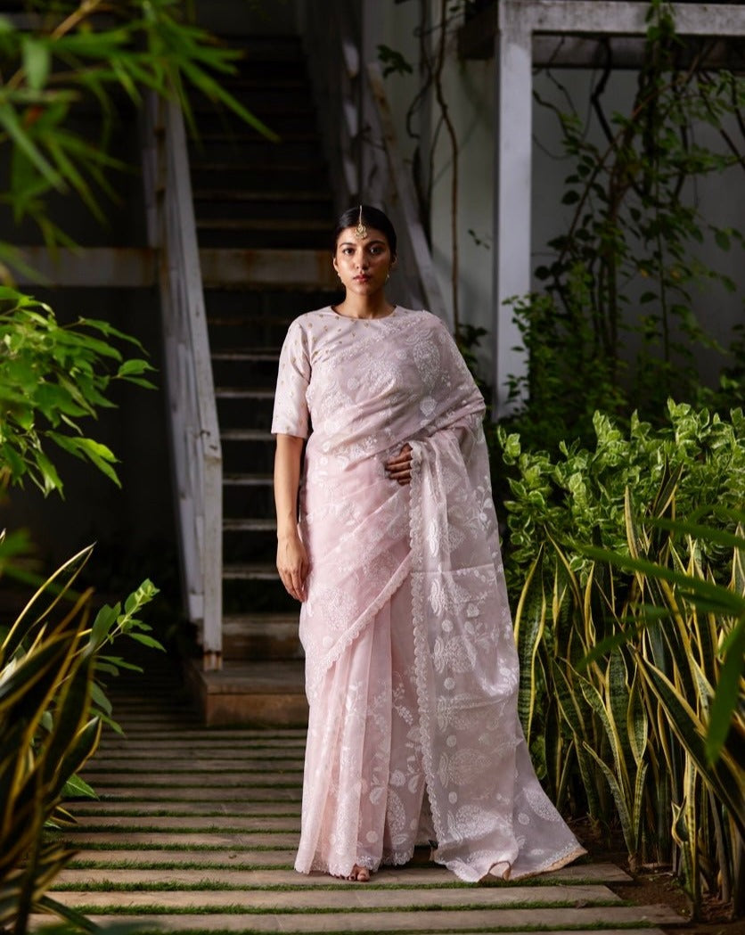 Saree Chikankari - Salmon Pink /Ivory - Mayura Kumar