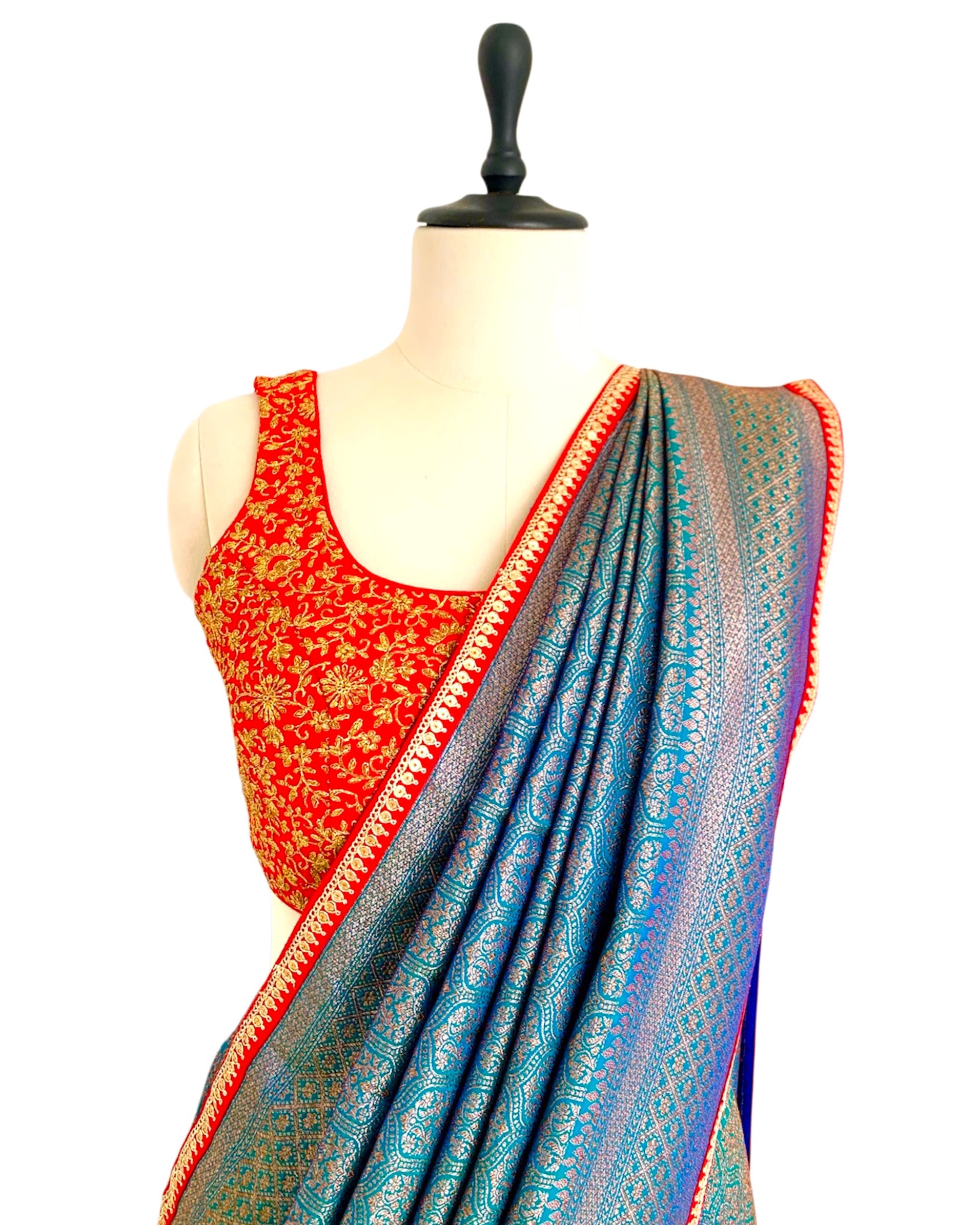 Saree Banarasi - Turquoise Blue /Red/ Gold