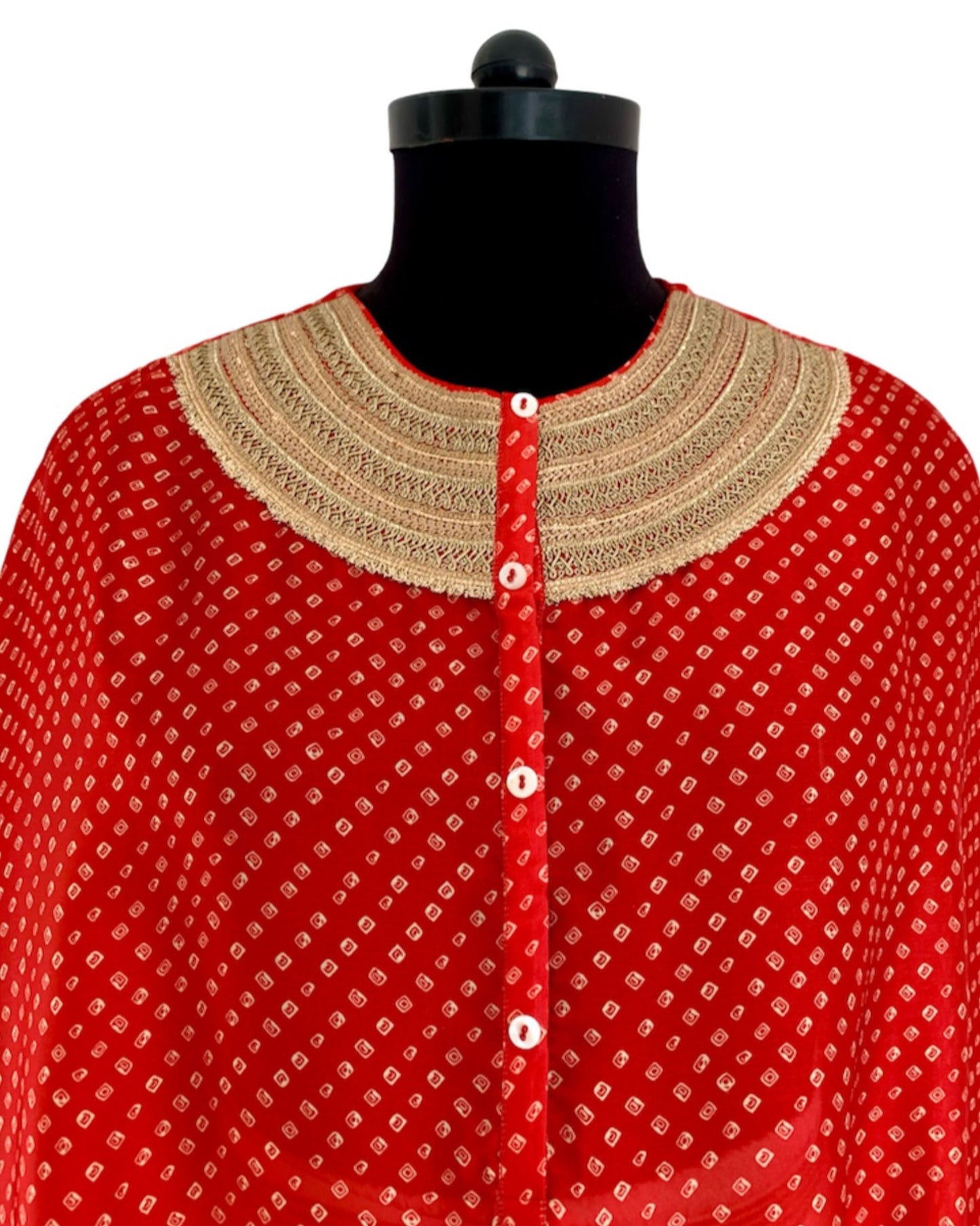 Kurta Set Bandhej - Red /Ivory / Gold