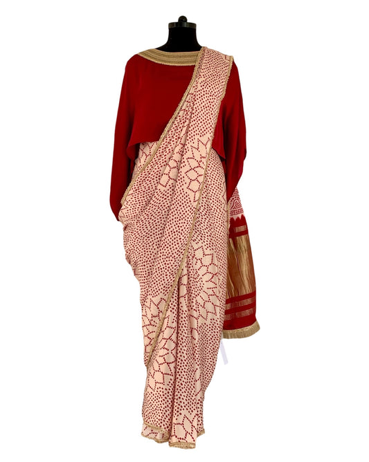 Saree Bandhej Mixology - Red / Ivory / Gold