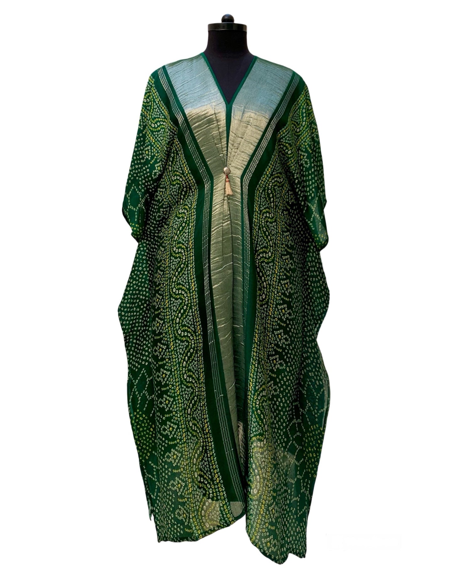 Kaftan Bandhej - Emerald Green / Gold / Silver