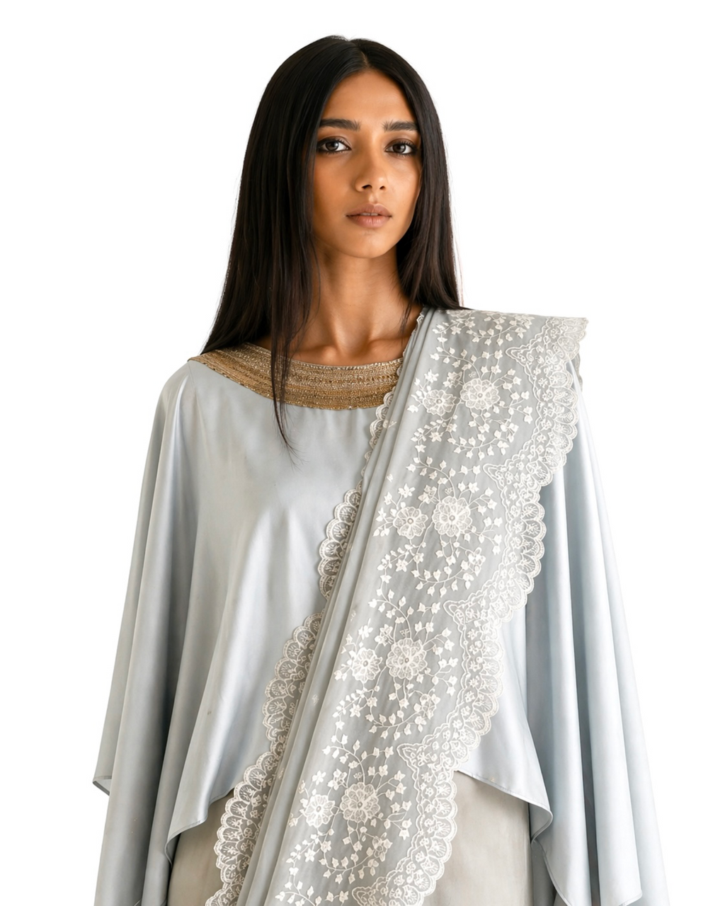 Saree Chikankari - Powder Blue Grey /Ivory /Gold