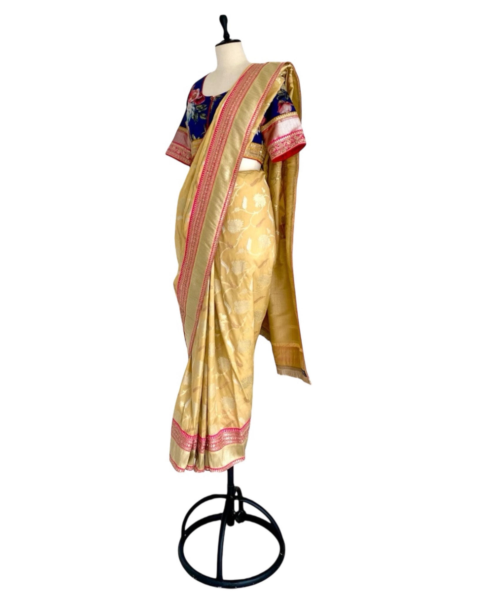 Saree Banarasi Floral - Lemon / Blue / Fuchsia