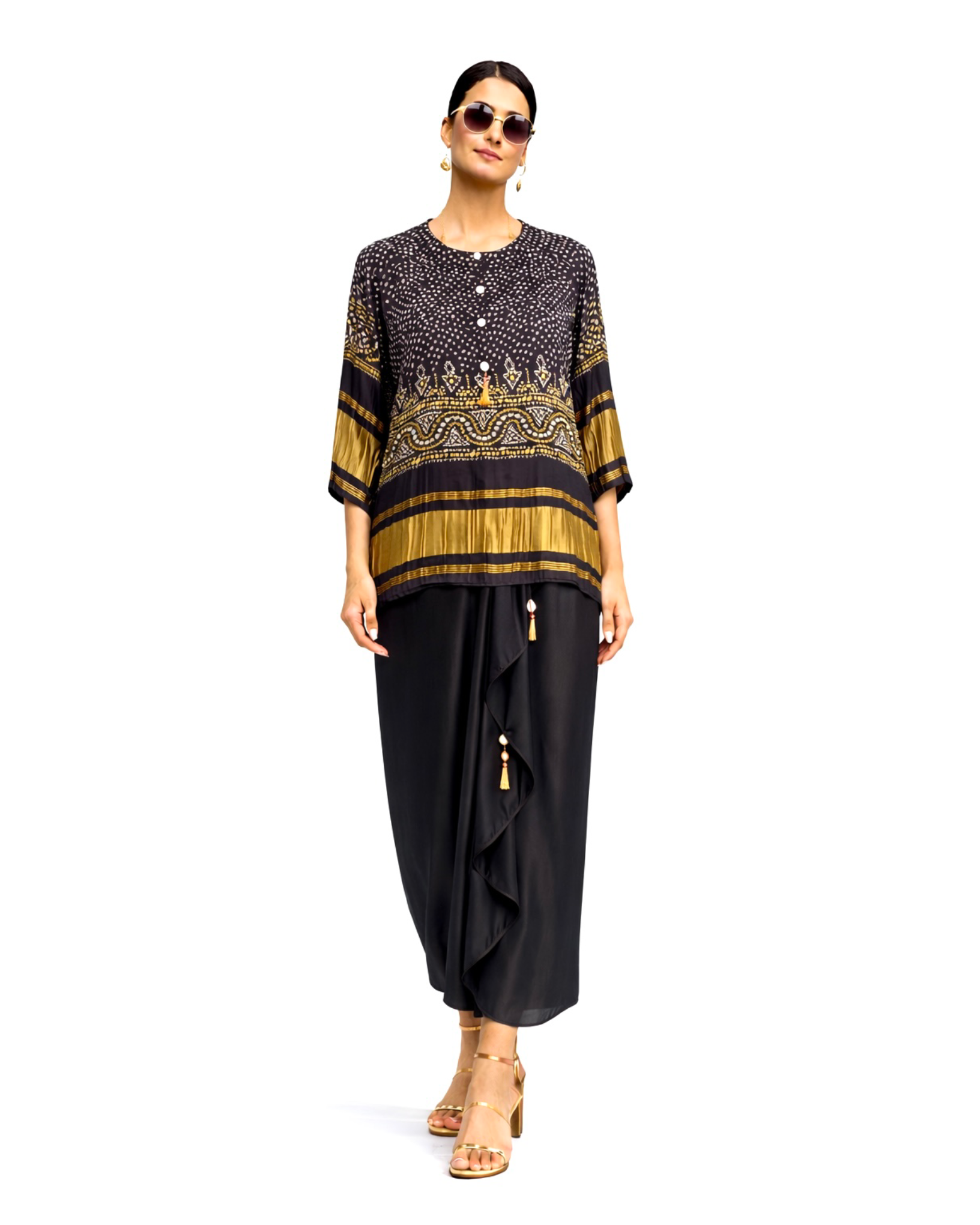 Draped Skirt Kurti Set Bandhej -  Black / Gold