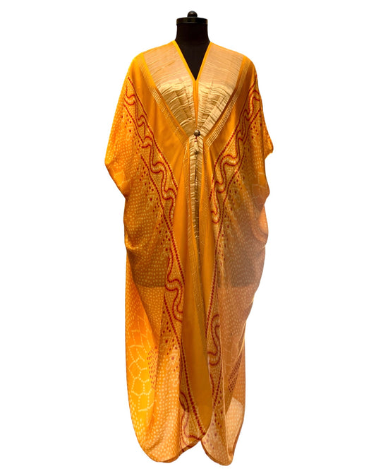 Kaftan Bandhej - Mustard Yellow / Gold