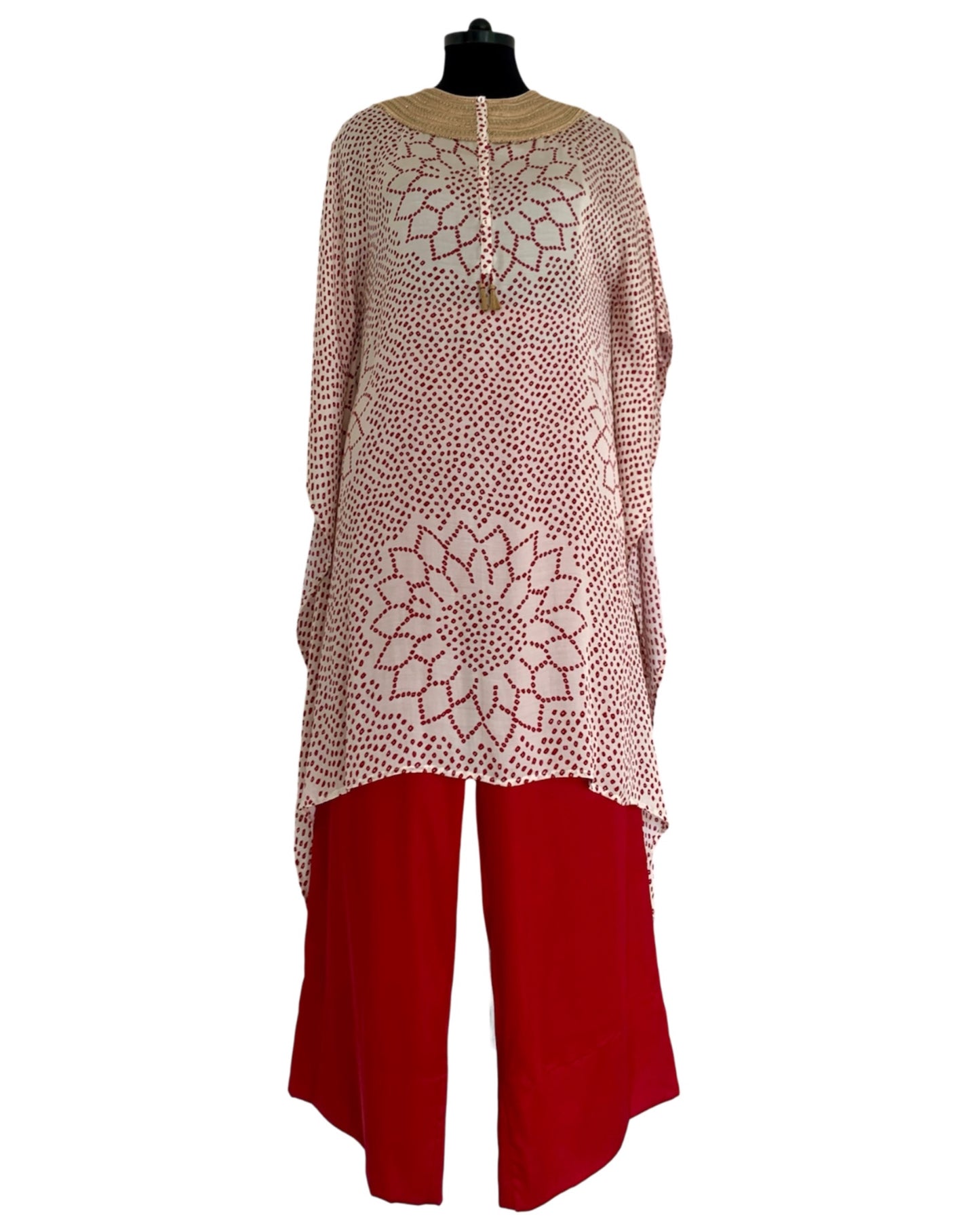 Kurta Set Bandhej - Ivory / Burgundy Red / Gold