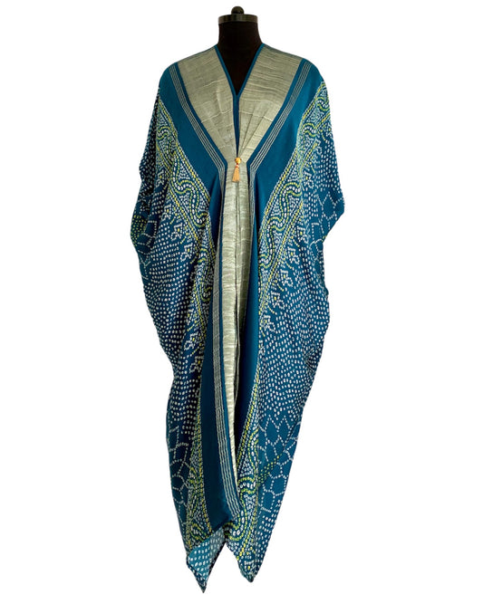 Kaftan Bandhej - Teal Blue / Gold / Silver