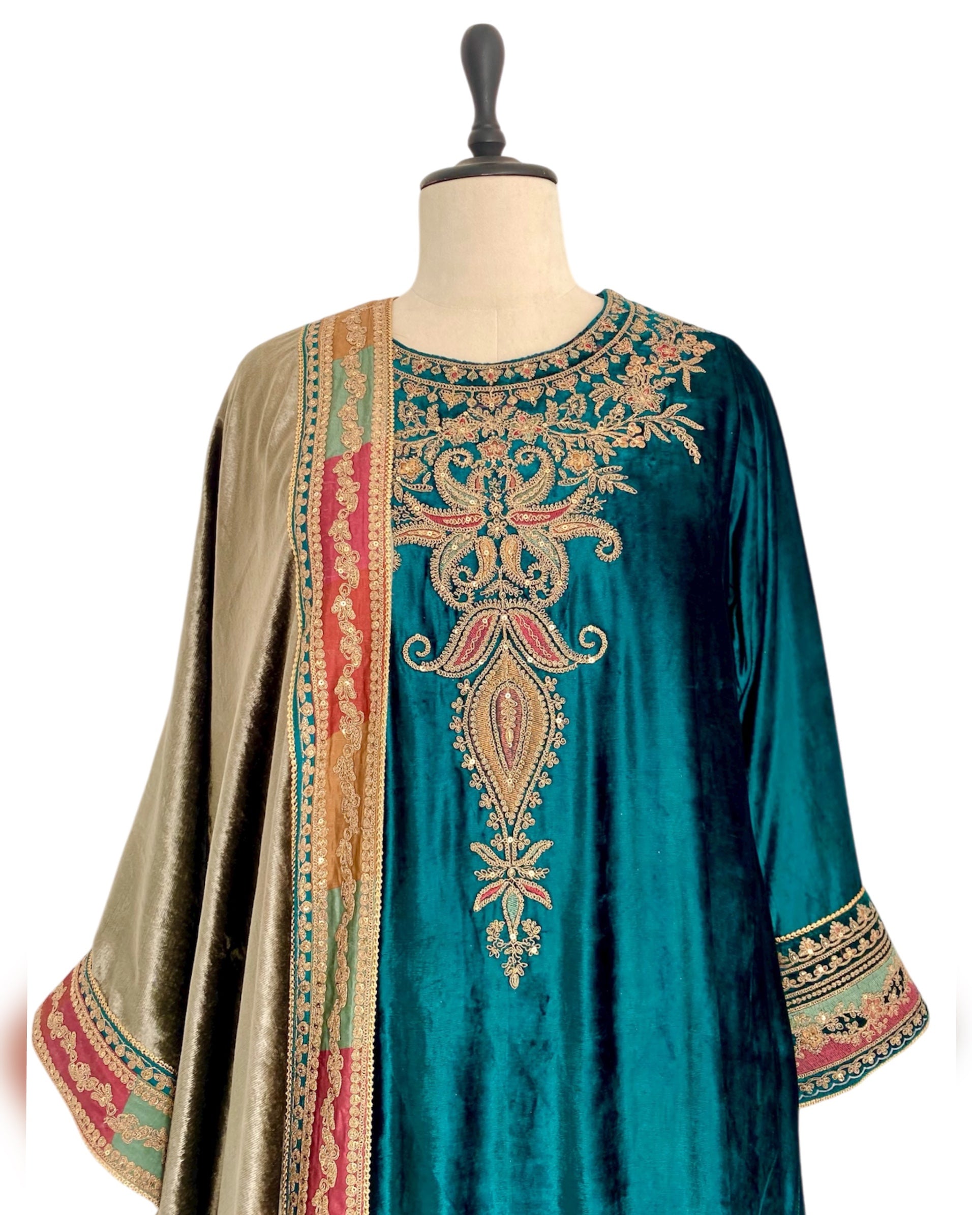 Kurta Set Velvet - Aquamarine Blue Green / Moss Olive /Gold