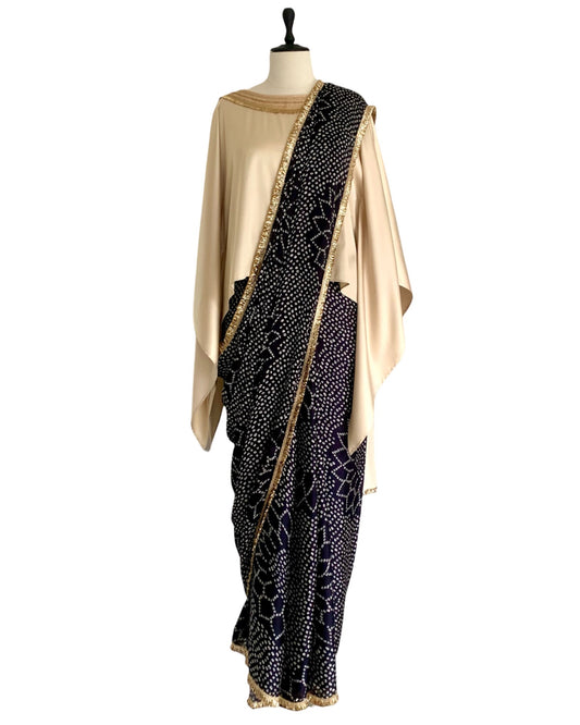 Saree Bandhej Mixology - Ivory / Black /Gold