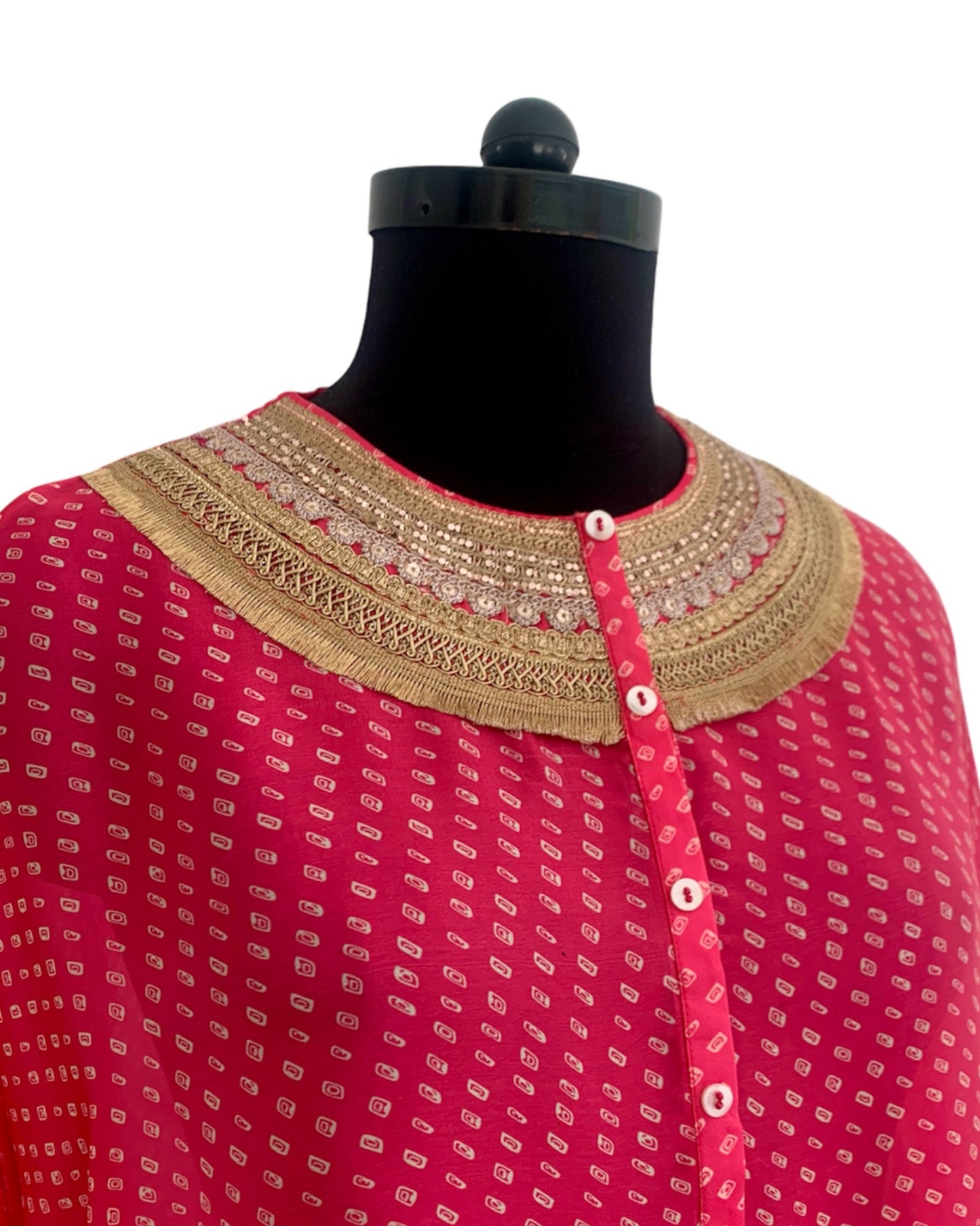 Kurta Set Bandhej - Fuchsia Pink / Ivory / Gold