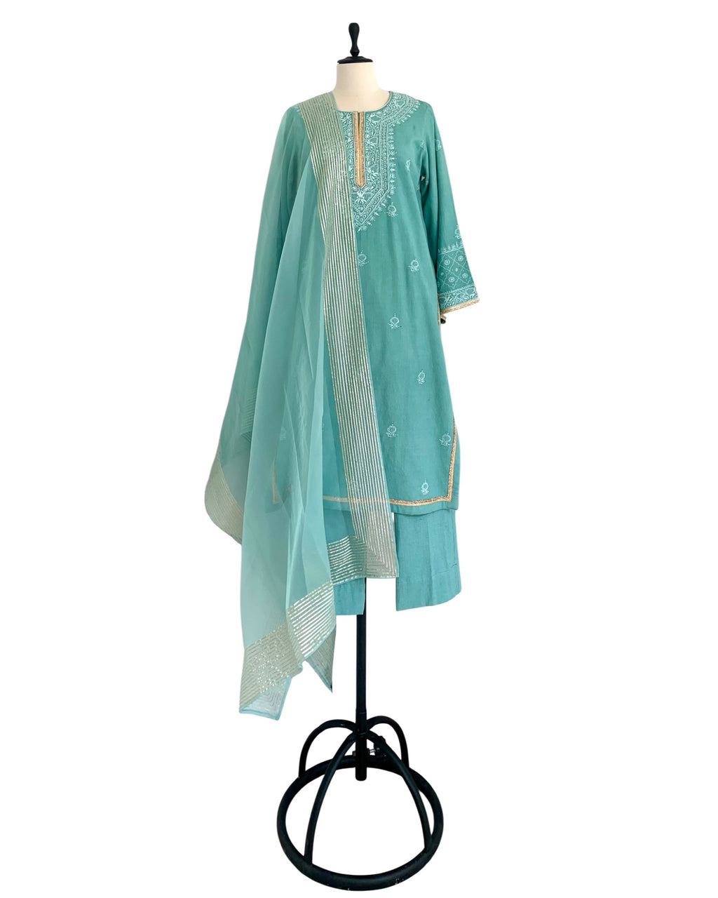 Kurta Set Chikankari - Aquamarine Green/ Gold / Silver