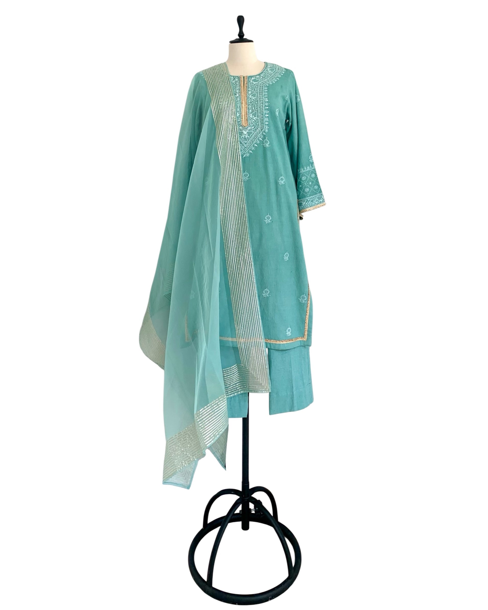 Kurta Set Chikankari - Aquamarine Green/ Gold / Silver