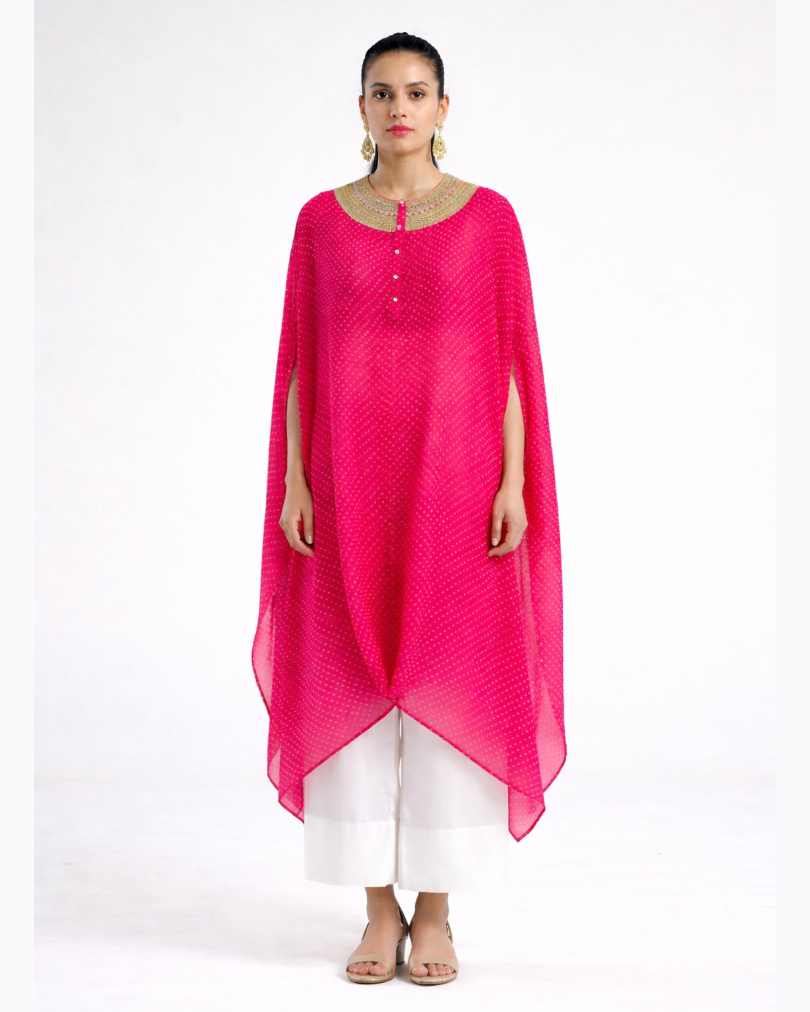 Kurta Set Bandhej - Fuchsia Pink / Ivory / Gold