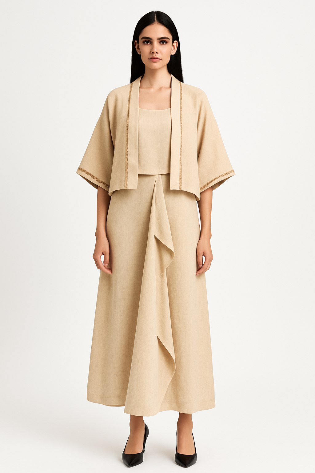 Draped Skirt Camisole Jacket Set Khadi -  Ivory / Gold