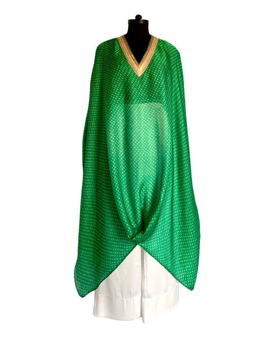 Kurta Set Bandhej - Parrot Green / Ivory / Gold