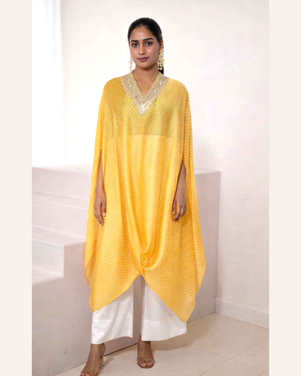 Kurta Set Bandhej - Yellow / Ivory / Gold
