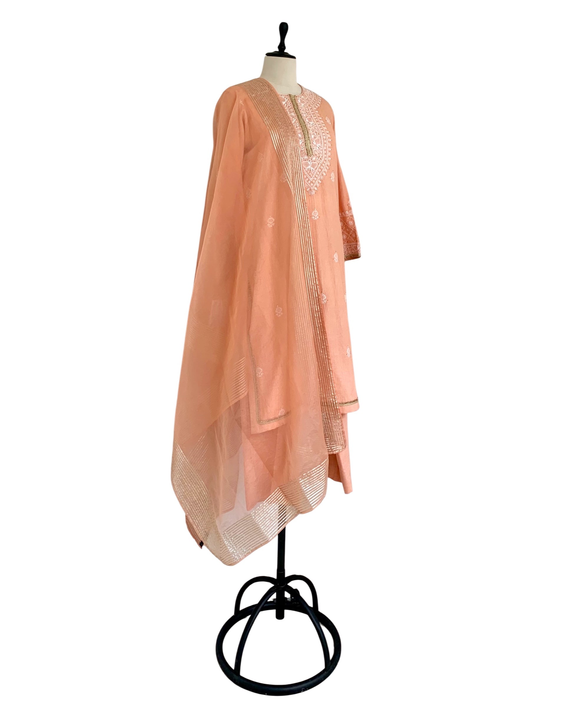 Kurta Set Chikankari - Peach Orange/ Gold / Silver