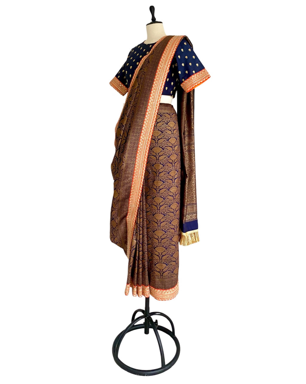 Saree Banarasi - Navy Blue / Orange
