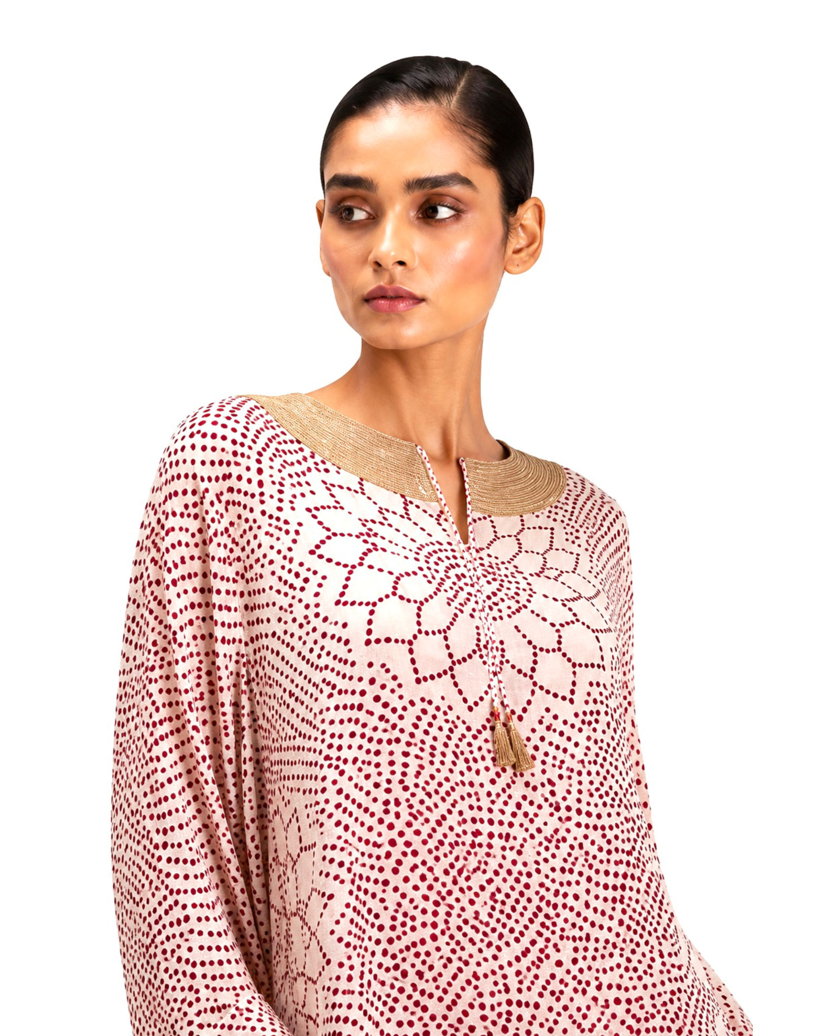 Kurta Set Bandhej - Ivory / Burgundy Red / Gold