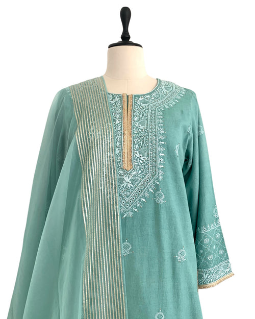 Kurta Set Chikankari - Aquamarine Green/ Gold / Silver