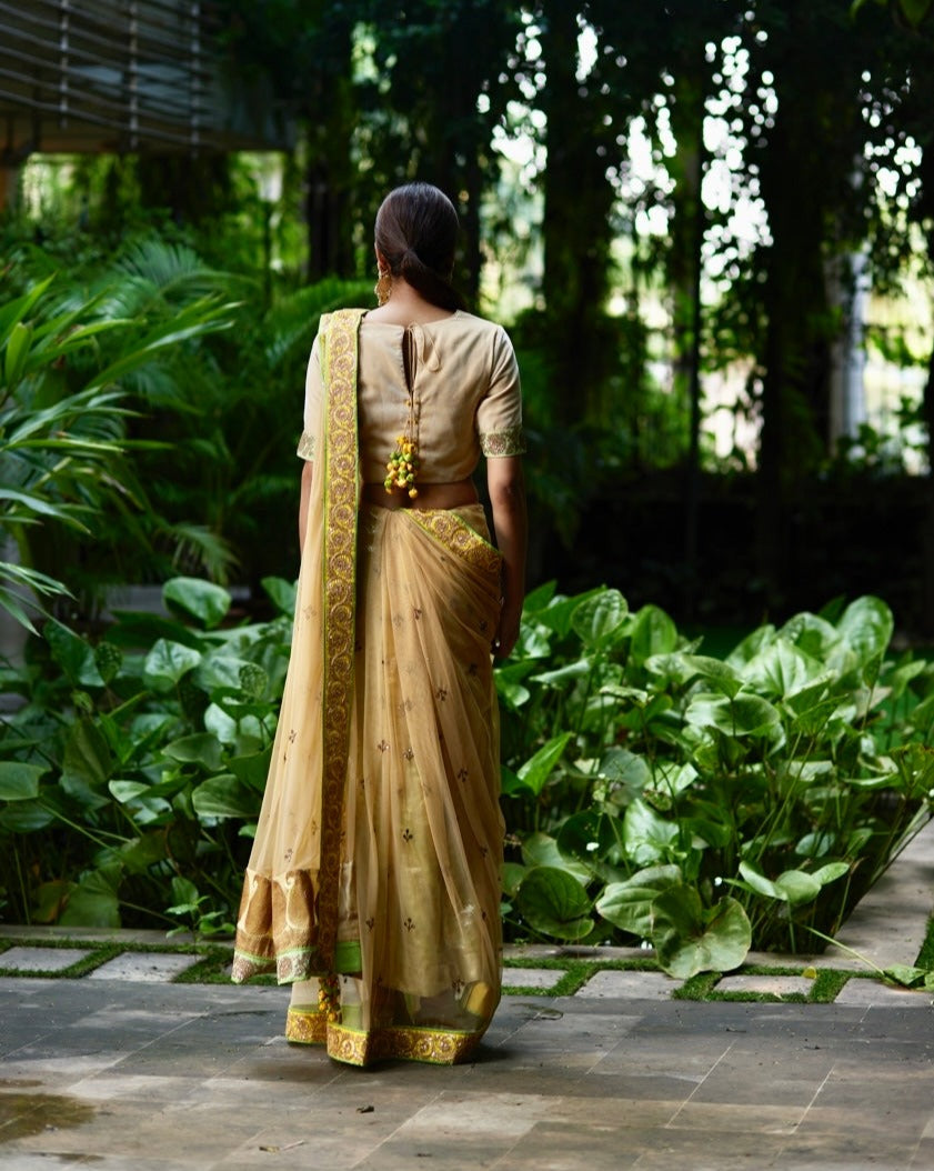 Saree Banarasi - Beige Yellow / Lime