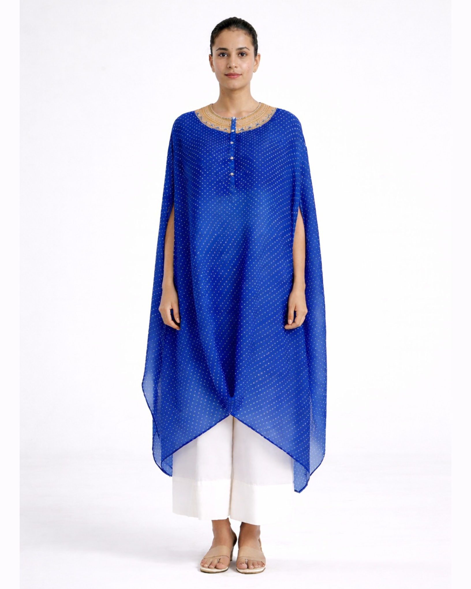 Kurta Set Bandhej - Turquoise Blue / Ivory / Gold