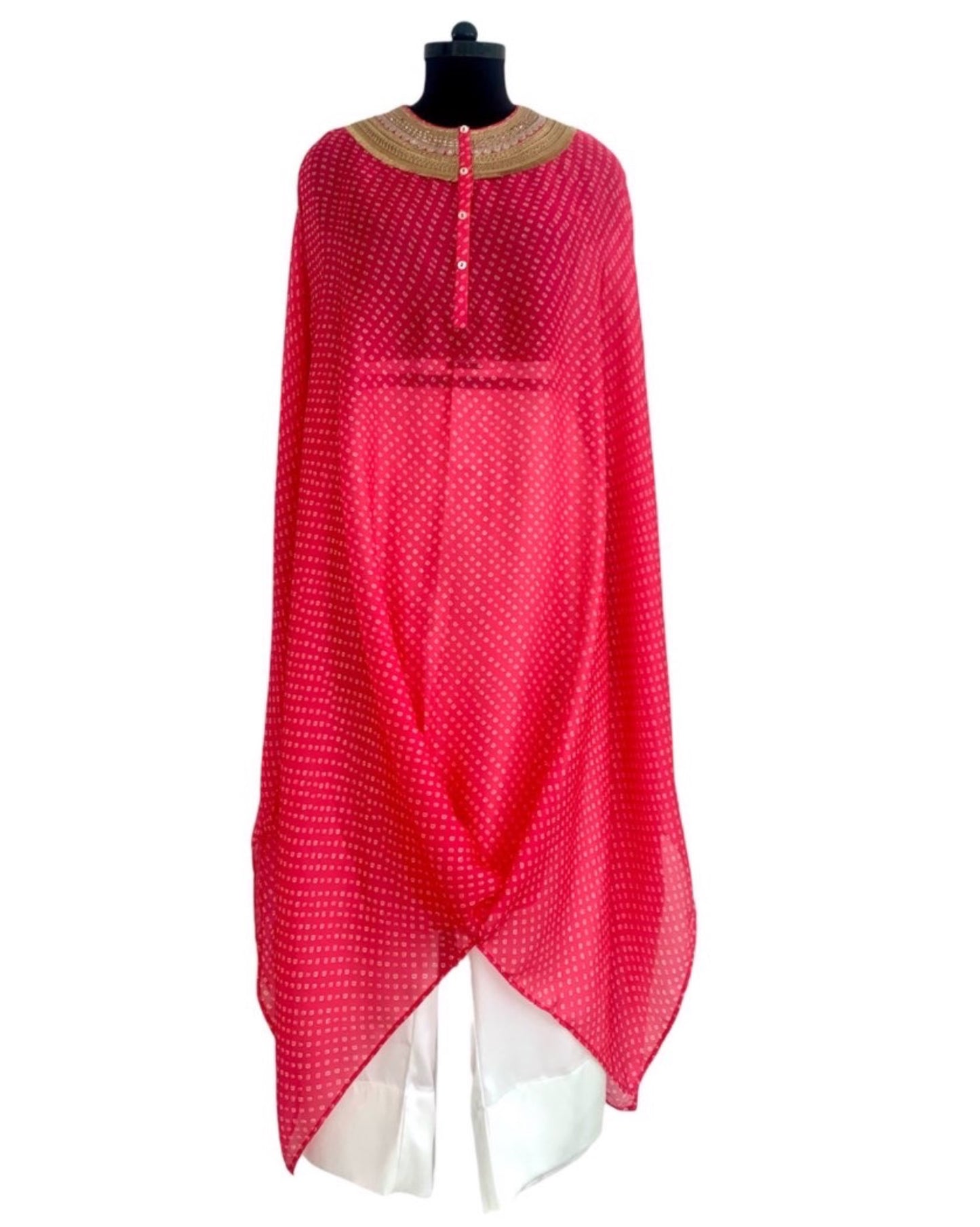 Kurta Set Bandhej - Fuchsia Pink / Ivory / Gold