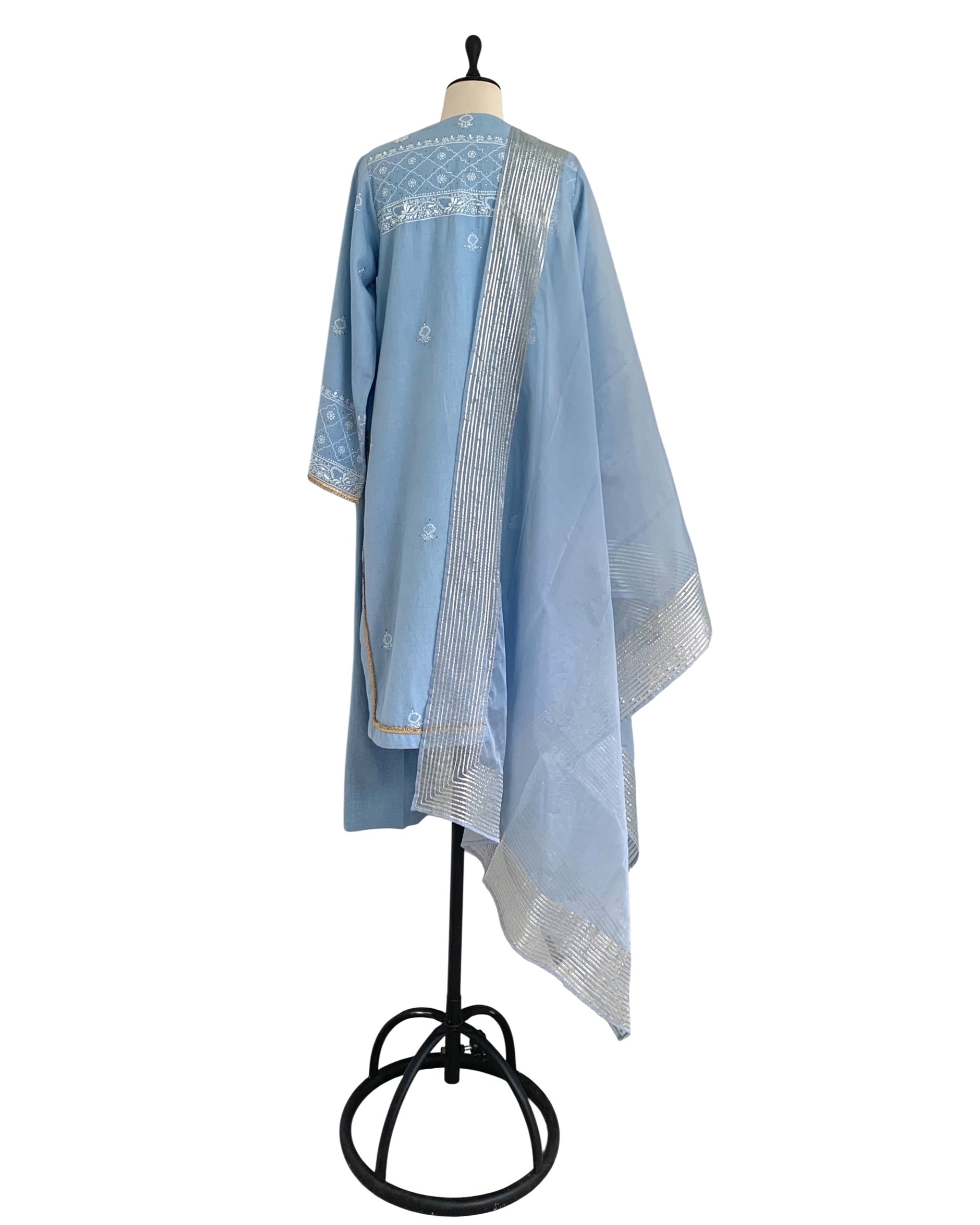 Kurta Set Chikankari - Sky Blue/ Gold / Silver