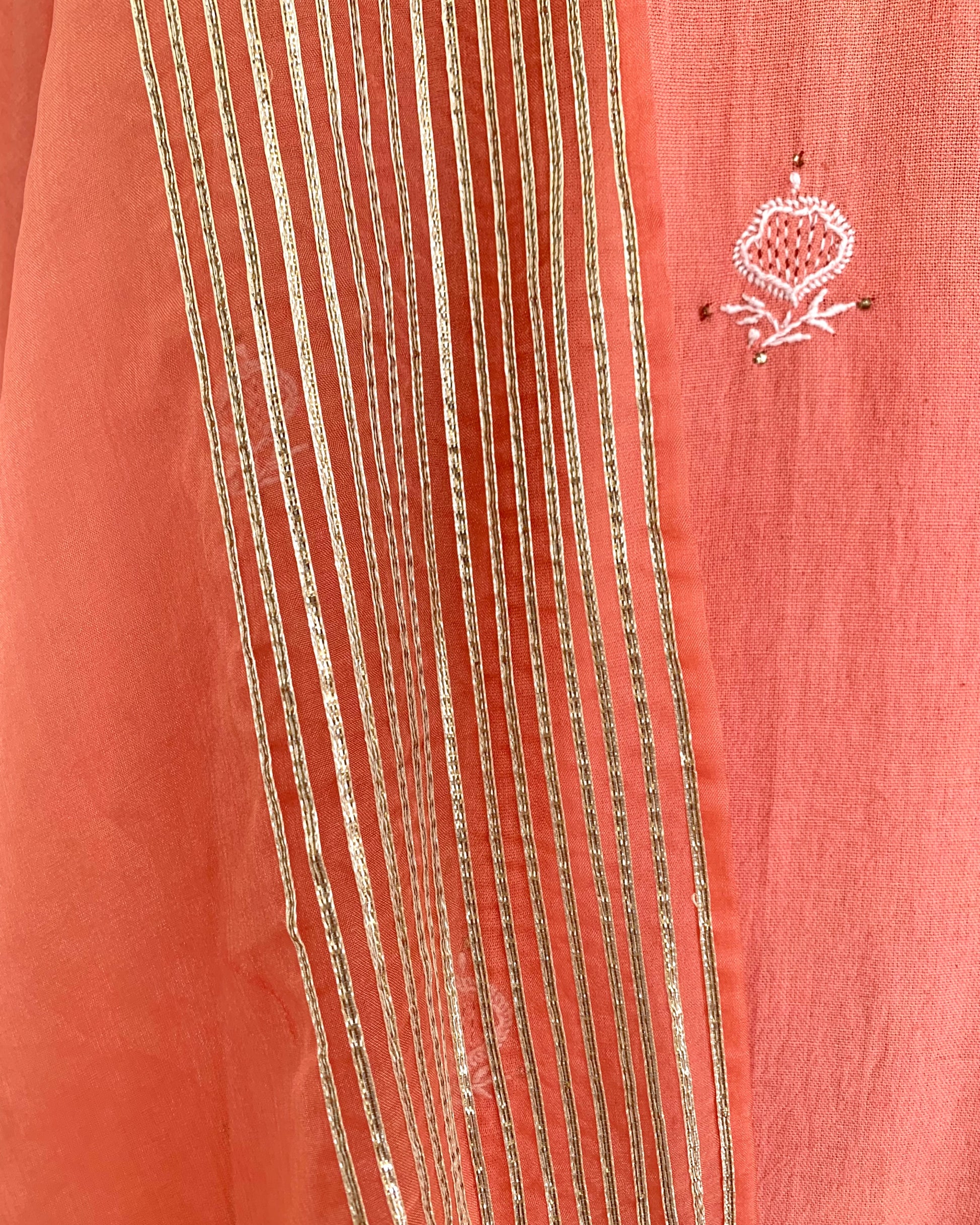 Kurta Set Chikankari - Coral Orange/ Gold / Silver