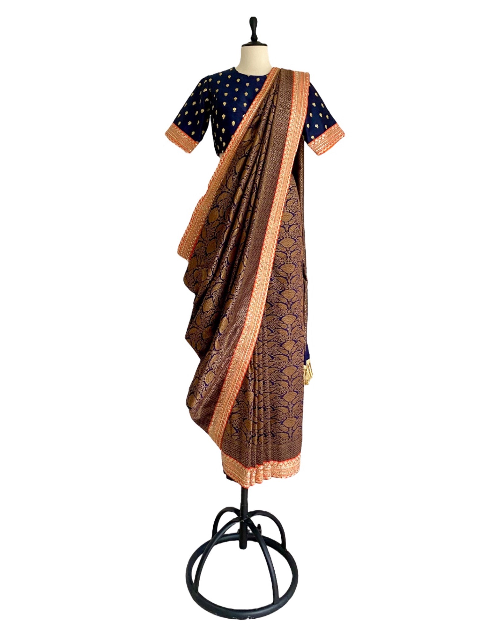 Saree Banarasi - Navy Blue / Orange